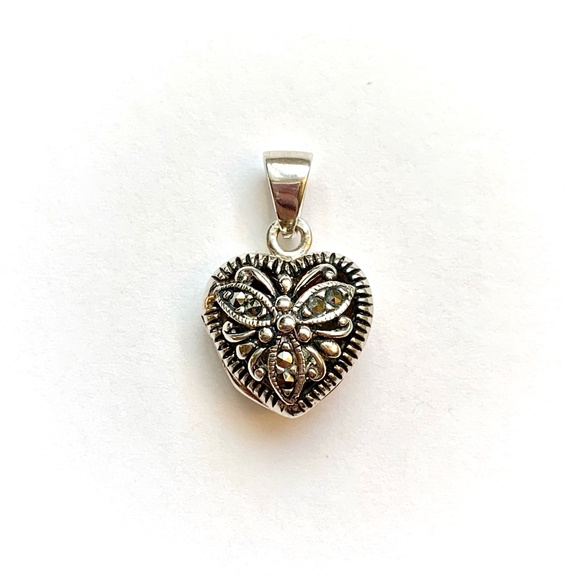 VTG Tiny Silver Marcasite Openwork Puffy Heart Locket Pendant - Picture 1 of 7